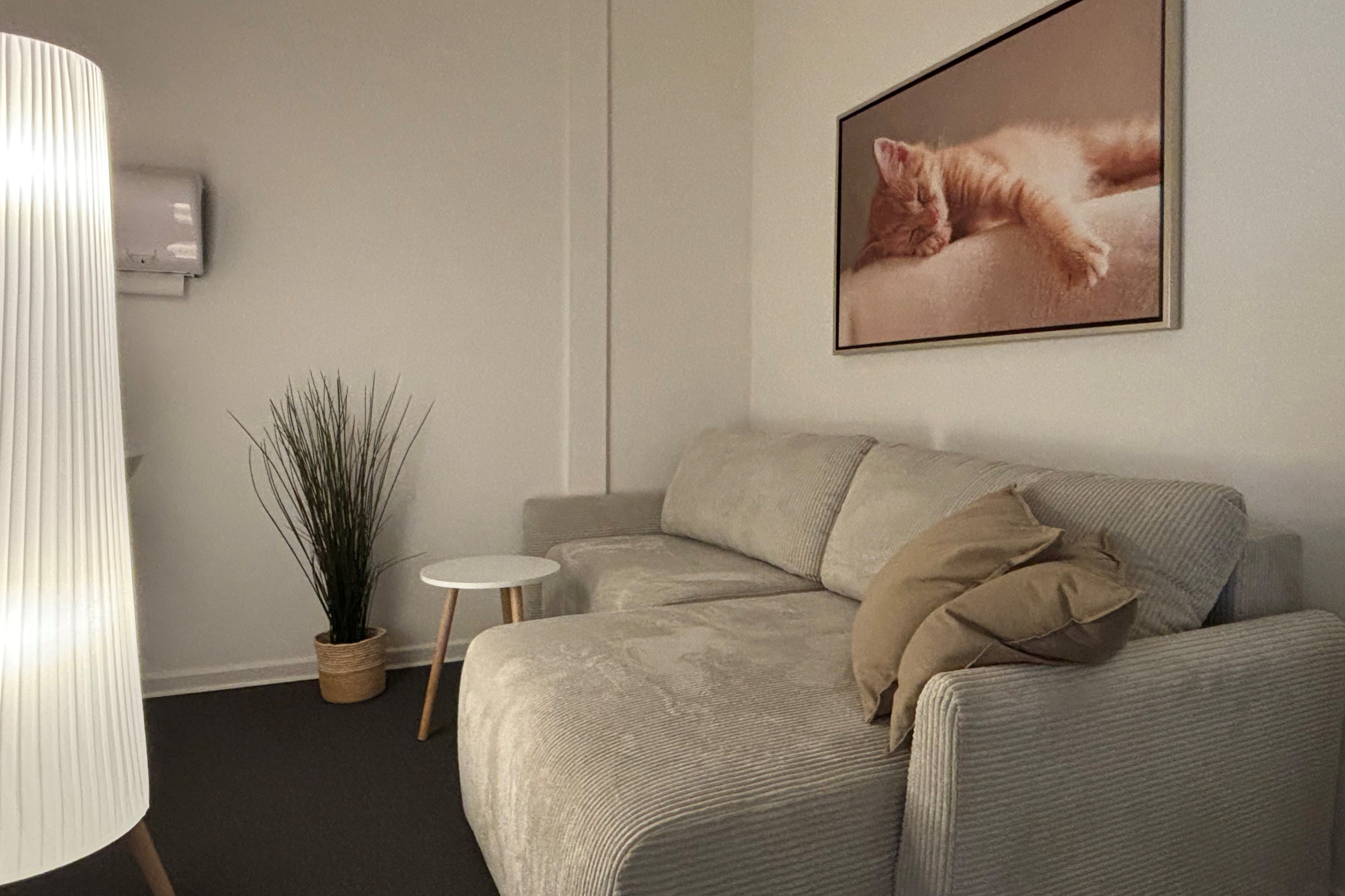 Eine Sofa steht in einem gemütlich ausgeleuchteten Raum.