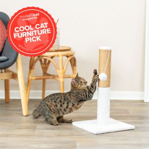 A cat scratching the TRIXIE Ella Scratching Post with a text overlay highlighting As Seen In Modern Cat Spring 2025 Edition.