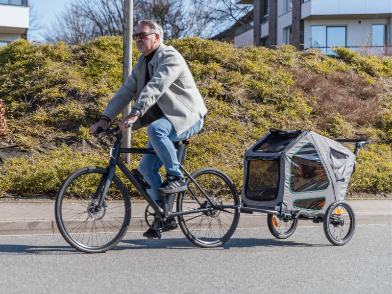 Ein Mann fährt auf einem Fahrrad und zieht einen Fahrradanhänger mit Hund hinter sich her. 