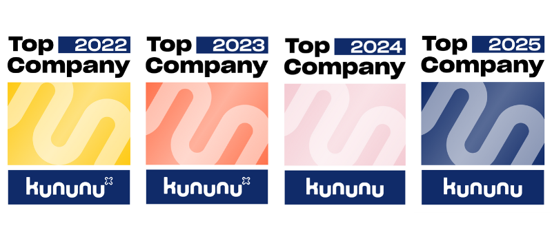 Die Siegel der Kununu Auszeichnung als "Top Company" der Jahre 2022, 2023, 2024, und 2025 nebeneinander.